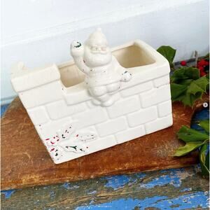 Vintage Christmas Santa Chimney Planter Ceramic Paint Loss White Neutral Pottery